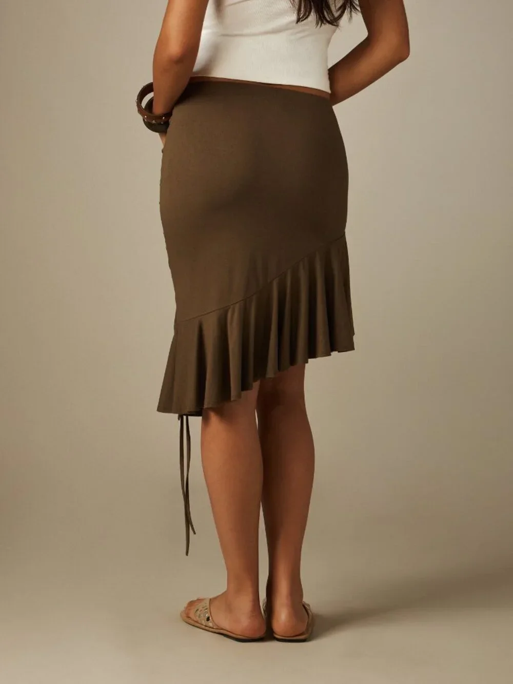 Army Green Elegant Women's Ruched Asymmetric Hem Skinny Midi Skirt